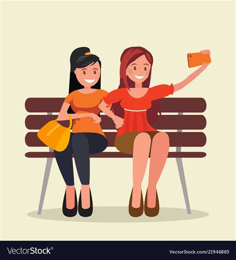 Two Girls Sit On A Bench And Take Selfies Vector Illustration In