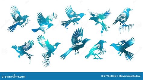 Set Of Blue Flying Watercolor Birds Vector Illustration Stock Vector