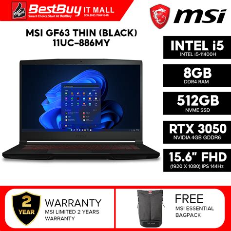 Msi Gf63 Thin 11uc 886my Gaming Laptop Intel I5 11400h Rtx3050 4gb 8gb Ram 512gb Ssd 156