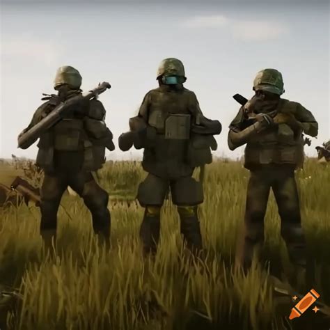 unreal engine 5 sci fi russian soldiers with flag of russia with sci i tank in grassland