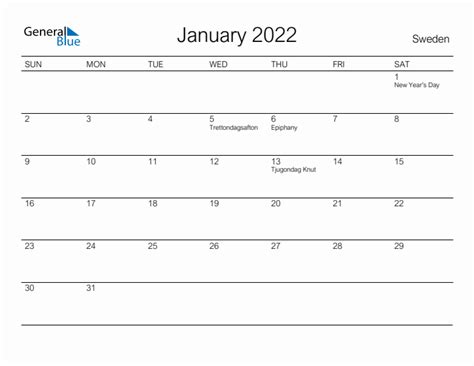 January 2022 Monthly Calendar With Sweden Holidays