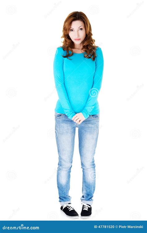 Full Length Shy Woman Standing Stock Photo Image Of Fashionable