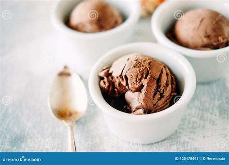 Three Scoops Of Dark Chocolate Ice Cream Sundae With Sweet Flora Stock