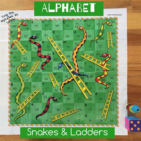 Various (including 'my turn!', numbers, up, down, snake, ladder, etc) game explanation: Alphabet Snakes & Ladders - Teach Me Mommy
