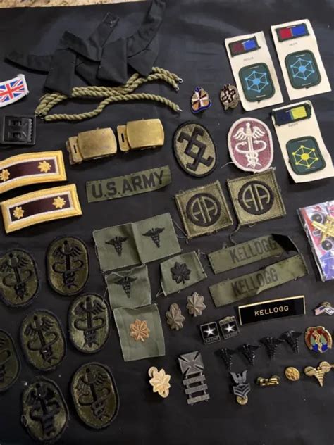 Vintage Lot Of Us Military Army Pins Medals Patches Ribbons Brass Belt