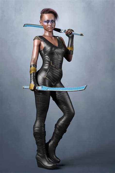 Cg Black African American Urban Fantasy Woman Holding Two Katana Swords