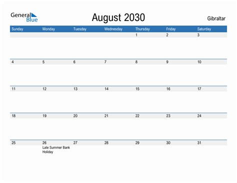 Editable August 2030 Calendar With Gibraltar Holidays