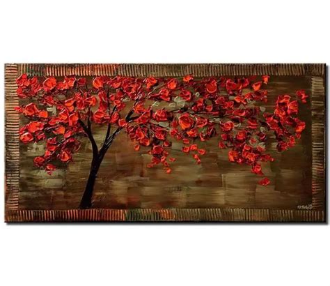 Red Tree Painting On Canvas Original Red Green Abstract Tree Art