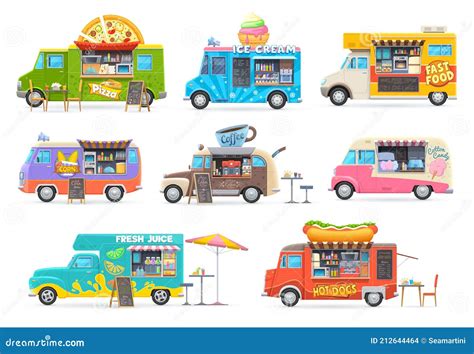 Food Trucks Cartoon Vans For Street Food Selling Stock Vector