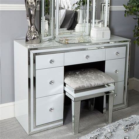 Lustrous White Glass 7 Drawer Dressing Table With Shiny Silver Mirrored