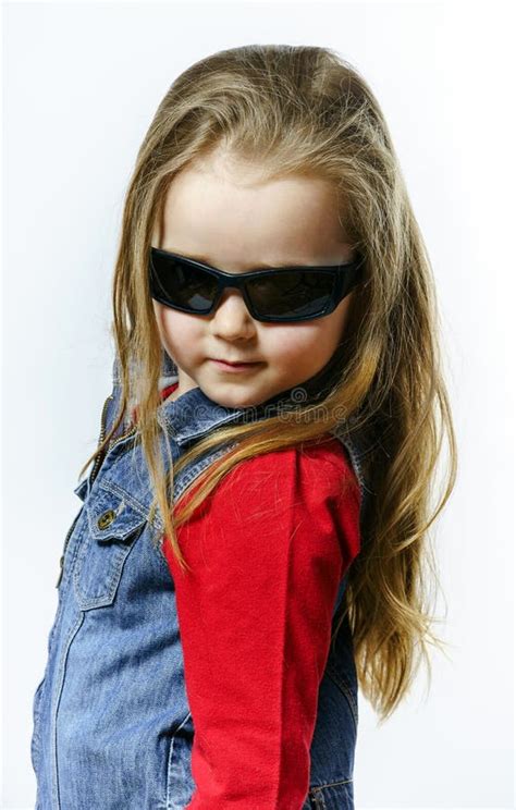 Cute Little Girl Posing In Mother S Sunglasses Childhood Concep Stock