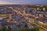 France, Nord, Cambrai, Aerial view of city at dusk stock photo