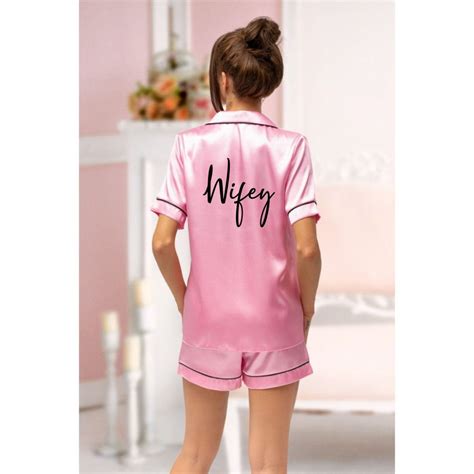 Ladies Wifey Pink Satin Feel Pyjamas Pyjama Set Luxury Pyjamas