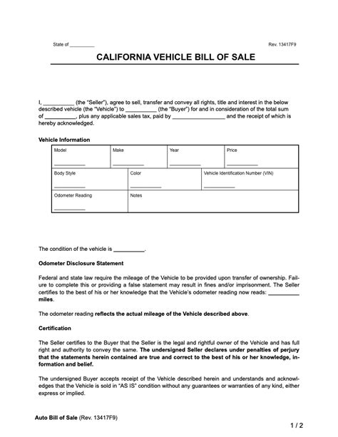 Free California Bill Of Sale Forms Printable Pdf And Word Free