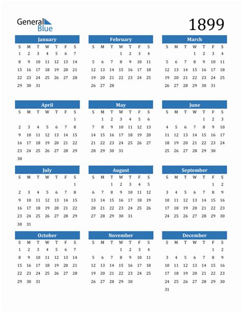 Free 1899 Calendars In Pdf Word Excel