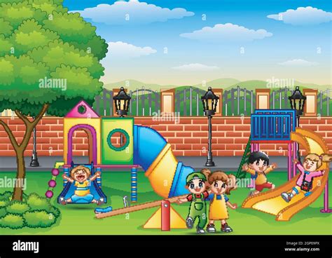 Happy Children Playing In The School Playground Stock Vector Image