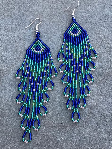 Peacock Colored Seed Bead Earrings Etsy Beaded Necklace Patterns