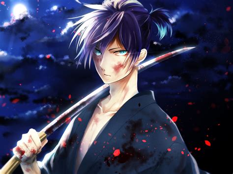 Wallpaper Anime Boy Kimono Katana Blood Moon Night