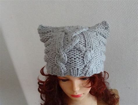 Knit Cable Cat Ears Hat Cat Beanie Chunky Knit Winter By Ifonka 2800