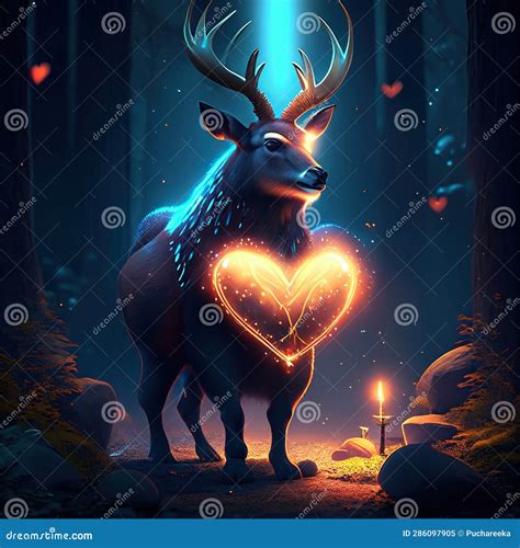 Markhor Hugging Heart Deer With Heart Shaped Lights In The Forest 3d