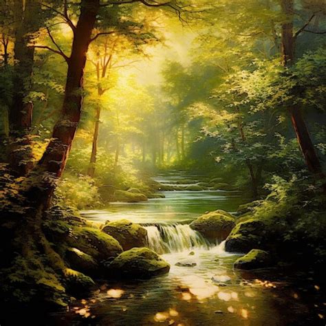 Premium Ai Image A Painting Of A Waterfall In The Forest With The Sun