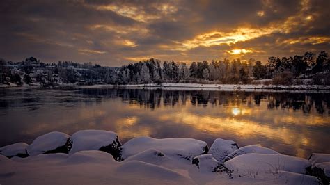 Norway Lake With Snow During Winter In Background Of
