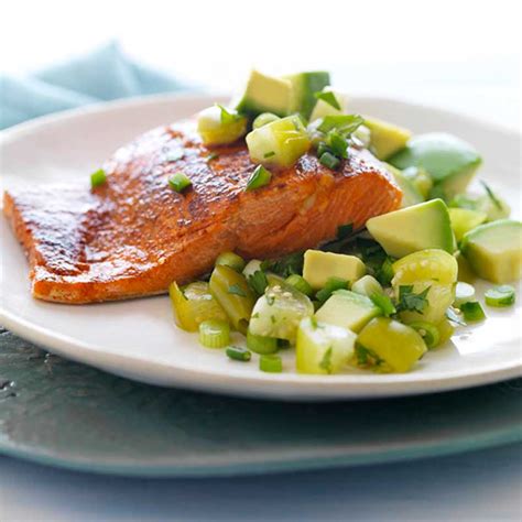 For this recipe you'll chop up tomatoes, avocados, red onions, cilantro, jalapeños, and garlic and toss it all together with some fresh lime juice and oil and you've got a chip dip no one can resist! Chili Rubbed Salmon with Cilantro Avocado Salsa