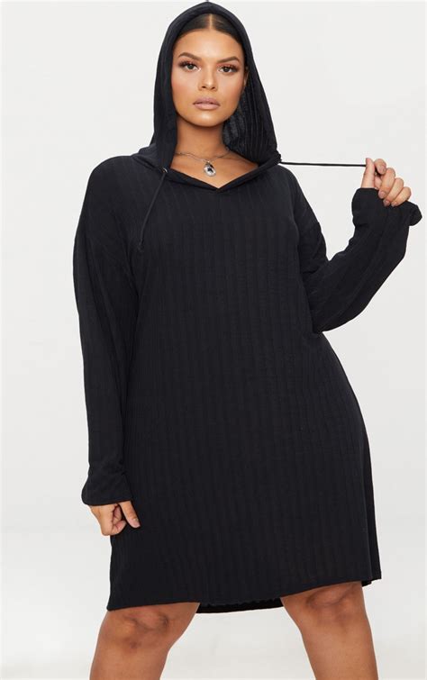 Plus Black Ribbed Oversized Hoodie Dress Prettylittlething
