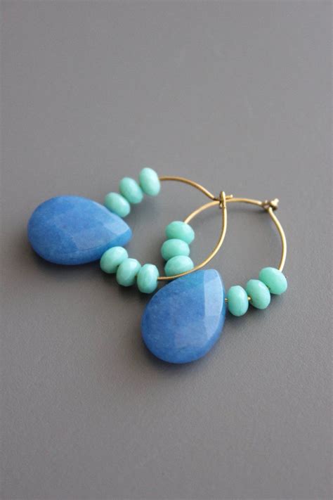 18k Gold Plated Brass Hoop Earrings With Czech Glass And Dyed Jade