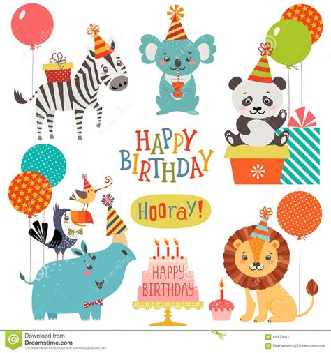 Cute Animals Birthday Wishes Stock Vector Illustration