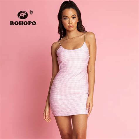 Rohopo Micro Plaid Metal Chain Strap Cute Girl Mini Vogue Dress