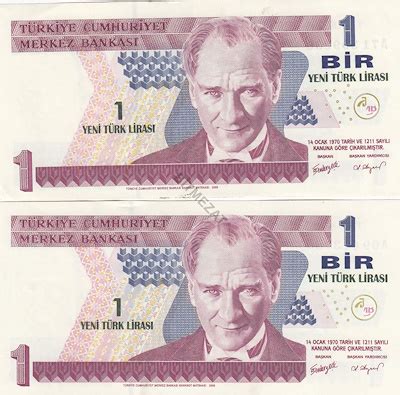 Kağıt Para Banknot 1 Yeni Türk Lirası 2 Adet Bit Mezat