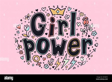 Girl Power Quote Grl Pwr Hand Drawn Set Feminism Lettering Female Symbols Vector Pop Art