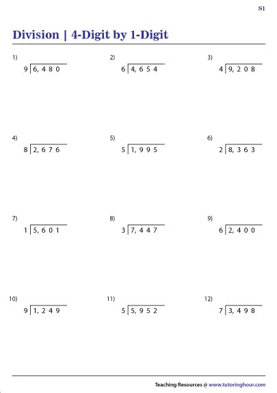 Dividing 4 Digit Numbers By 1 Digit Worksheet