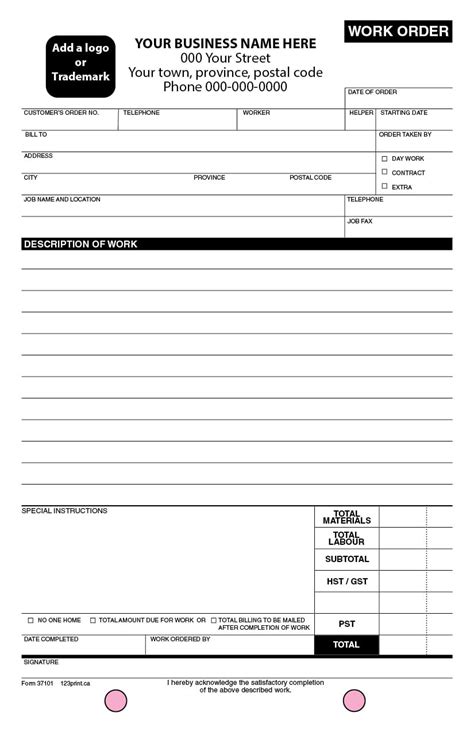 Printable Work Order Forms