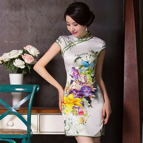 Free Shipping Chinese Tradition Women S Silk Satin Flower Mini Cheong Sam Dress S M L Xl Xxl