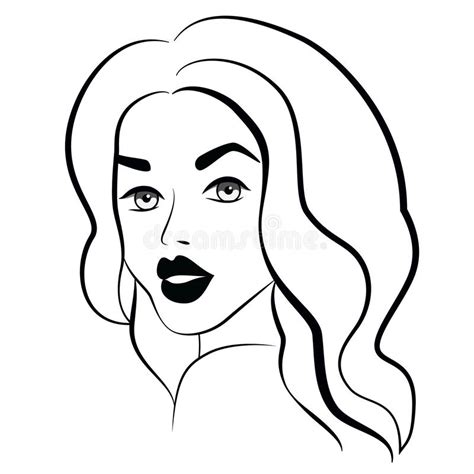 Woman Face With Curly Hair Black Outline On White Background Stock
