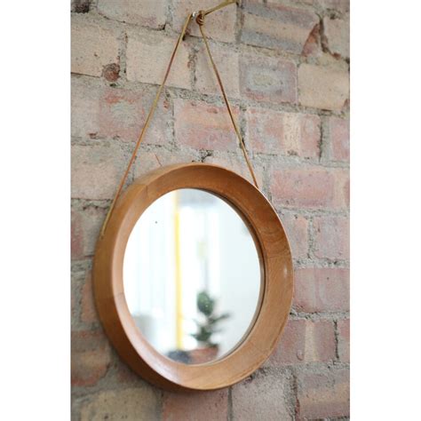 Petit Miroir Rond Avec Cadre En Bois Et Sangle En Cuir 1960