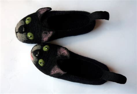 Felted Black Cat Slippers Made To Order Halloween Handmade Etsy