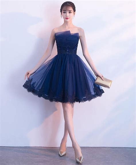 Cute Dark Blue Tulle Lace Short Prom Dress Homecoming Dress W