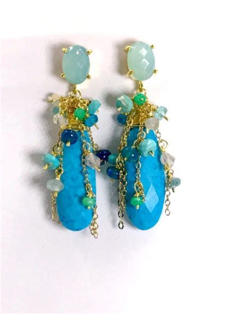 Turquoise Opal Colorful Gemstone Cluster Dangle Earrings Boho