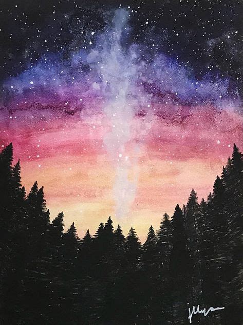 Original Watercolor Galaxy And Forest Painting By Jllysa Of
