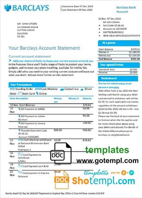 United Kingdom Barclays Bank Account Statement Template In Word And Pdf