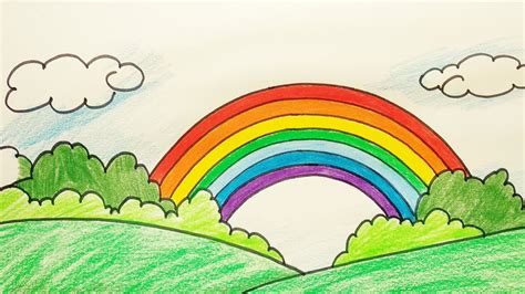 How To Draw Rainbow Step By Step Easy Rainbow Scenery Drawing Youtube