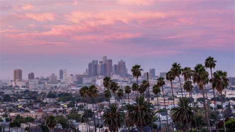 4k Downtown Los Angeles Skyline With Palm Trees At