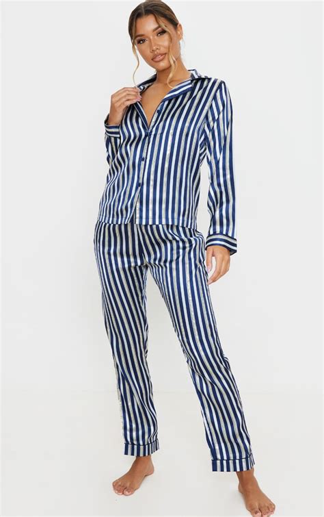 Navy Stripe Long Satin Pyjama Set Prettylittlething