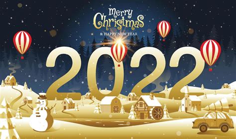 Merry Christmas Happy New Year 2022 Golden Landscape Fantasy Vector