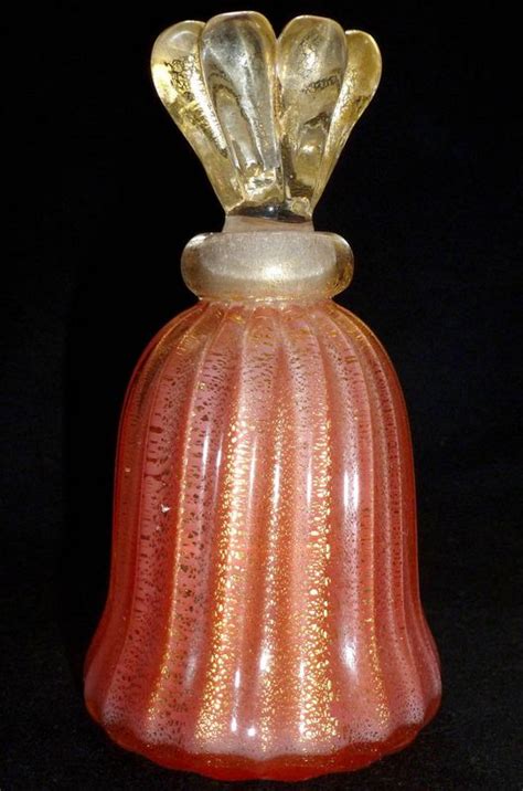 Murano Gold Flecks Salmon Glass Perfume Bottle By Seguso Venice Italy