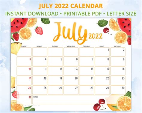 Editable July Calendar 2022 Wall Calendar 2022 Summer Fruits Etsy
