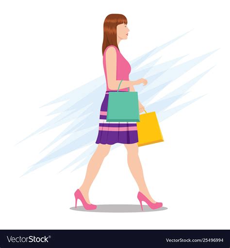 Side View A Woman Walking With Shopping Bags Vector Image